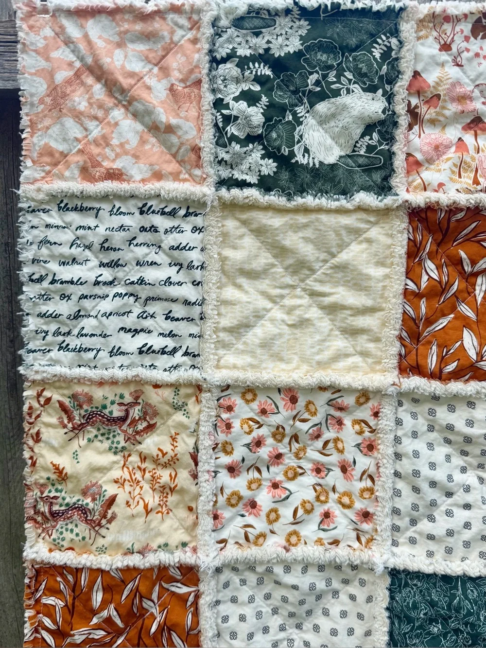 Handmade Woodland Baby Quilt: Patchwork Quilt, Cotton Rag Quilt